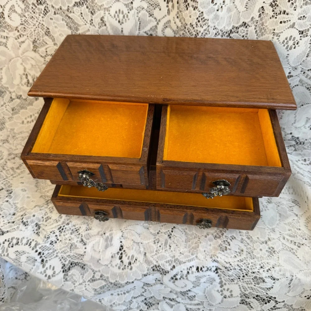 Vintage Wood Jewelry Music Box Miniature Dresser 4 Drawer Orange Lining Brown